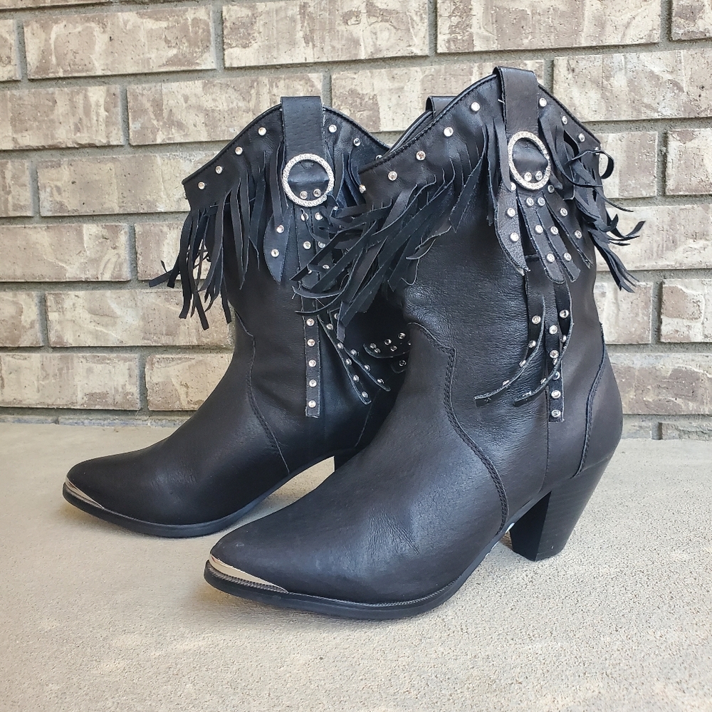 Santa Fe boot co black leather fringe bling women's boots cowgirl western heeled